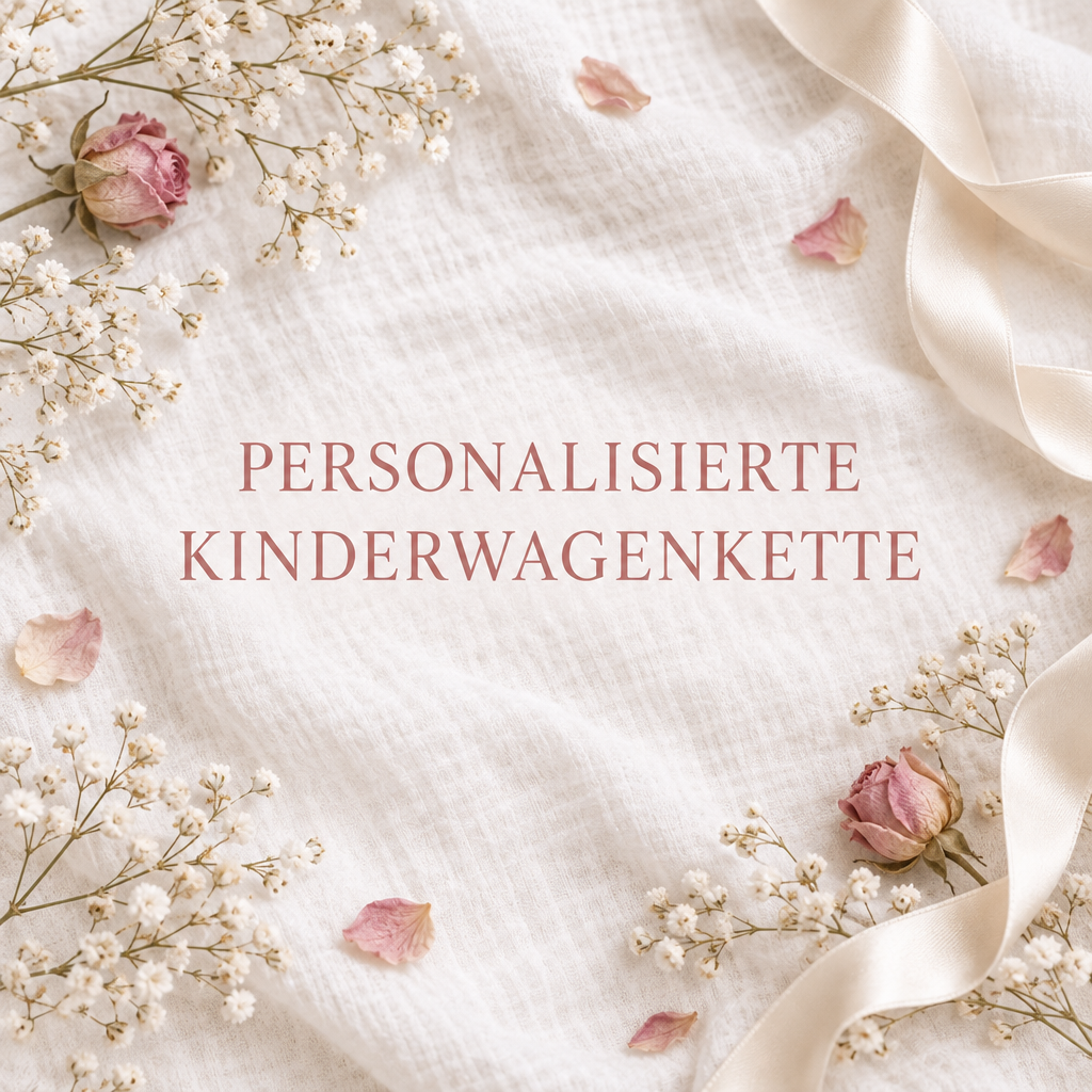 Banner mit der Aufschrift „Personalisierte Kinderwagenkette" auf weißem Musselin mit getrockneten Blumen