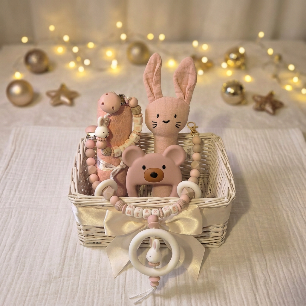 Geschenkkorb mit ausgepacktem Musselinhasen und rosa Bären-Beißring