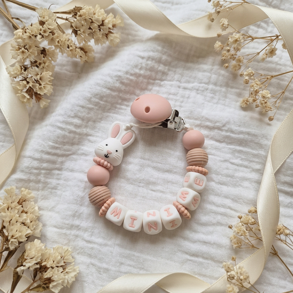 Schnullerkette Hase MINI ME in Rosa, Beige und Creme auf weißem Musselin