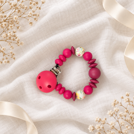 Pinke Schnullerkette auf weißem Musselin mit Trockenblumen und Satinband