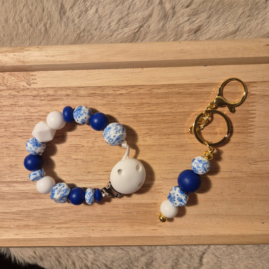Set Mama & Baby – Schnullerkette & Schlüsselanhänger Schmuckperlen | Blau Weiß