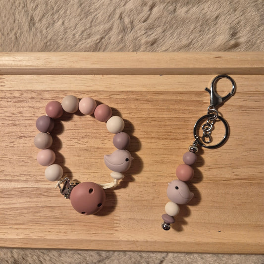 Set Mama & Baby – Schnullerkette & Schlüsselanhänger Vogel 3D | Mauve Violett