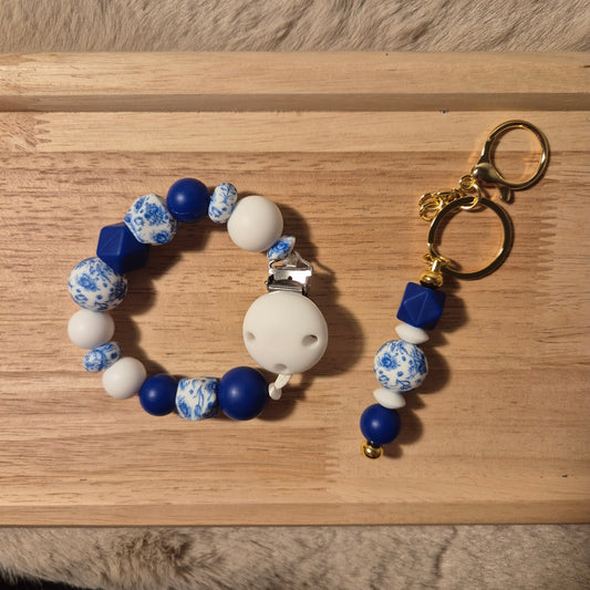 Set Mama & Baby – Schnullerkette & Schlüsselanhänger Schmuckperlen | Blau Weiß 2