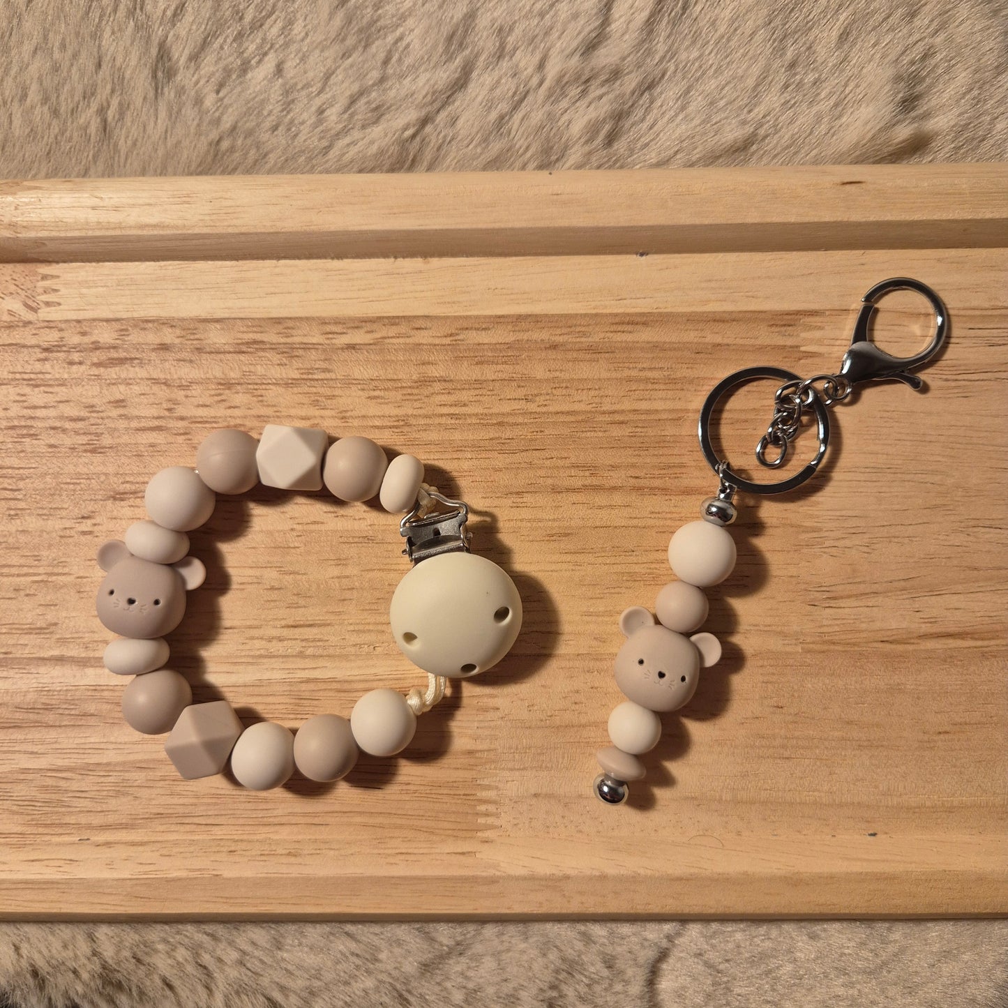 Set Mama & Baby – Schnullerkette & Schlüsselanhänger Maus 3D | Beige