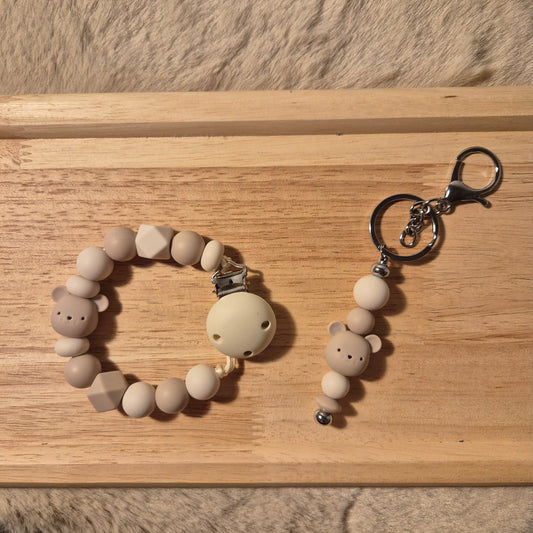 Set Mama & Baby – Schnullerkette & Schlüsselanhänger Maus 3D | Beige