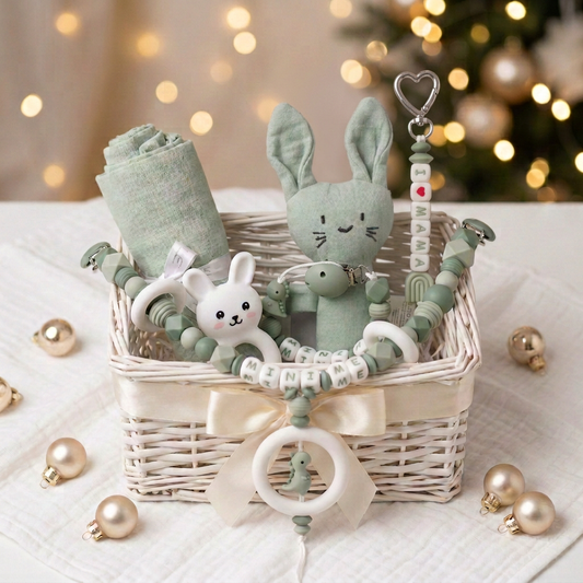 Weihnachtlicher Geschenkkorb ohne Hasenverpackung und mit vollständig sichtbarer Kinderwagenkette